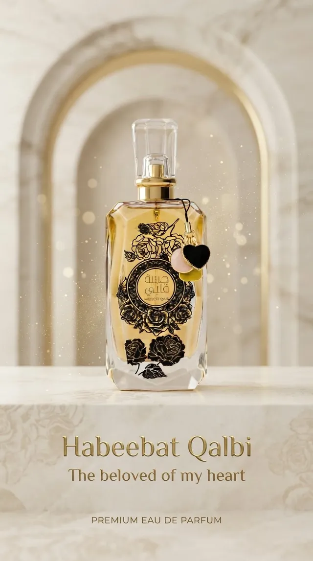 Perfume poster: the Habeebat Qalbi bottle on a white marble plinth, under a golden arch