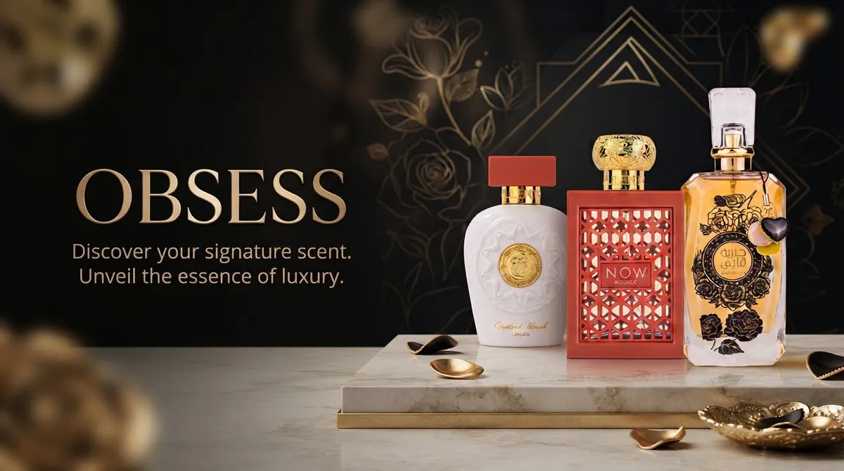 Website banner with three perfumes on a marble plinth and the title OBSESS