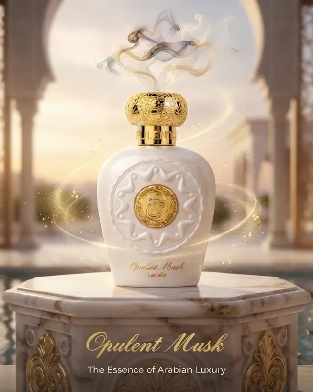Perfume poster: the white Opulent Musk bottle on a marble plinth, in a courtyard with a fountain at sunset